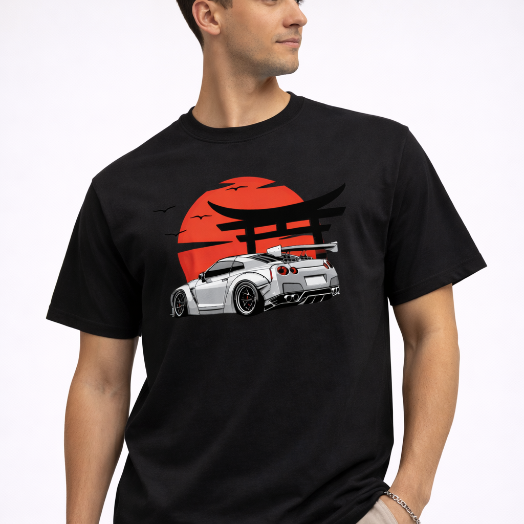 CABO JDM Sunset Racing Car Graphic T-Shirt – 100% Cotton Regular Fit Streetwear Tee | Japanese Torii Gate Sunset Car Design | Unisex Automotive Streetwear T-Shirt