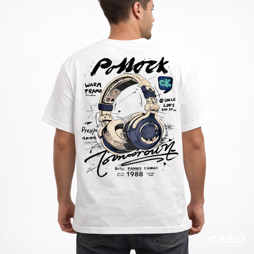 CABO “Tomorrow Sound” Headphone Graphic Tee – 100% Cotton Regular Fit T-Shirt | Streetwear Music Design | Back Print